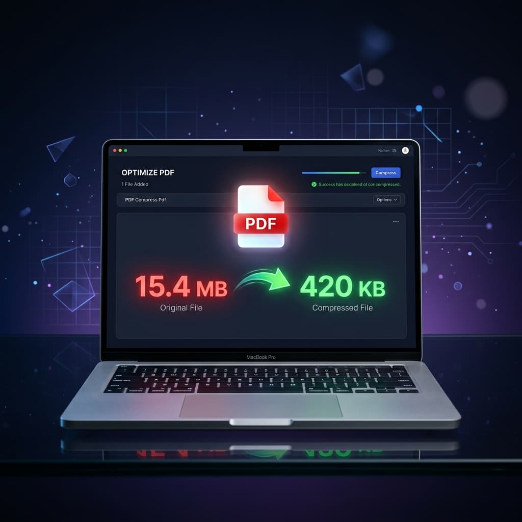 Best free PDF compressor online interface showing a large PDF file being compressed from 15MB to 420KB with no watermark on a modern dark-themed dashboard