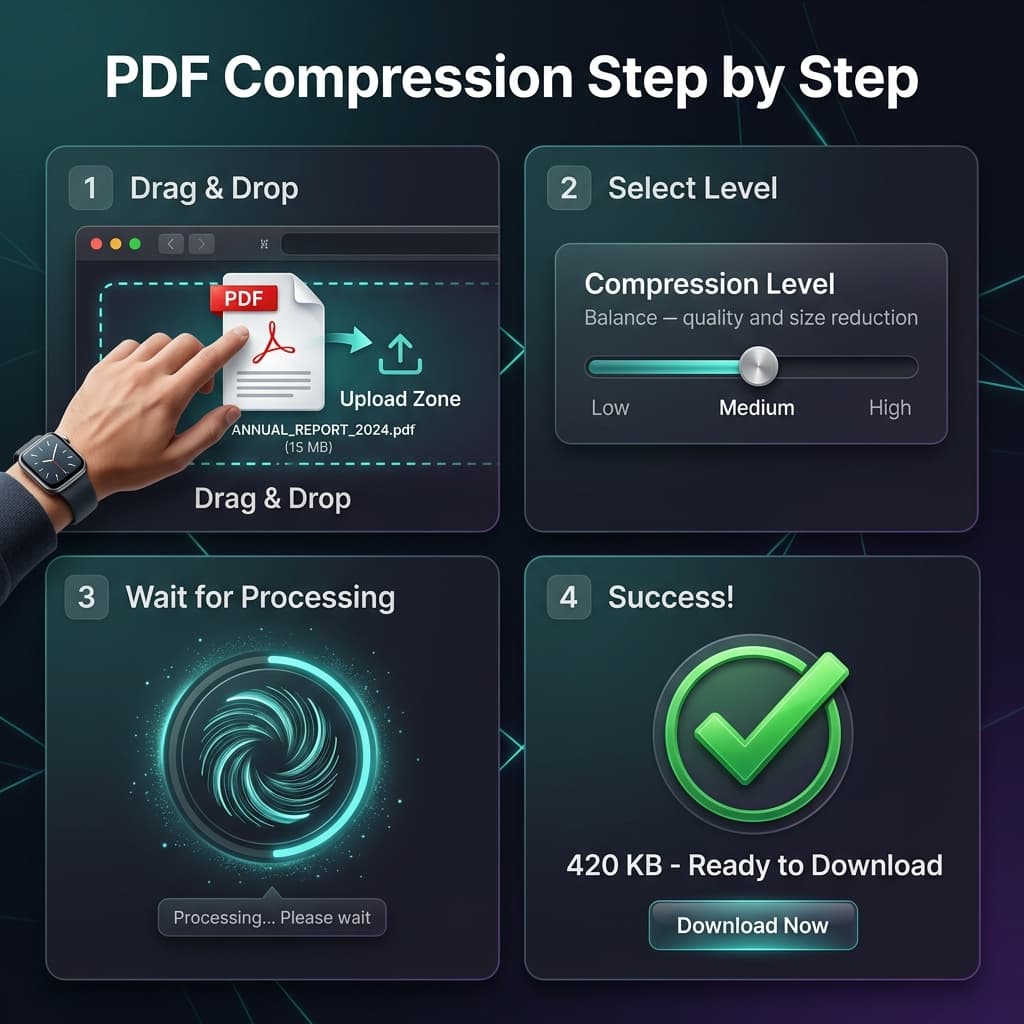 Step-by-step guide showing how to compress a PDF online for free using the PDFPixels tool with no watermark