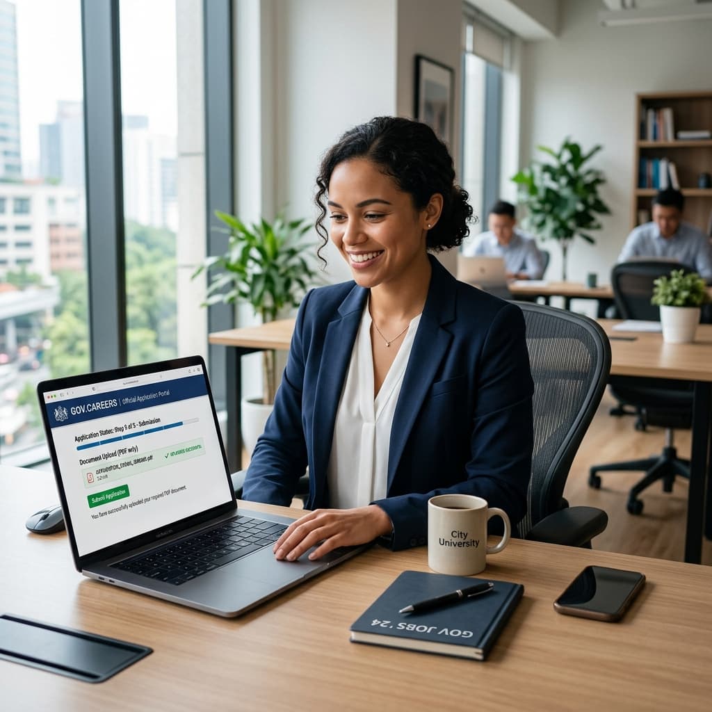 A focused young professional confidently uploading a compressed PDF document to an official government job application portal on a laptop