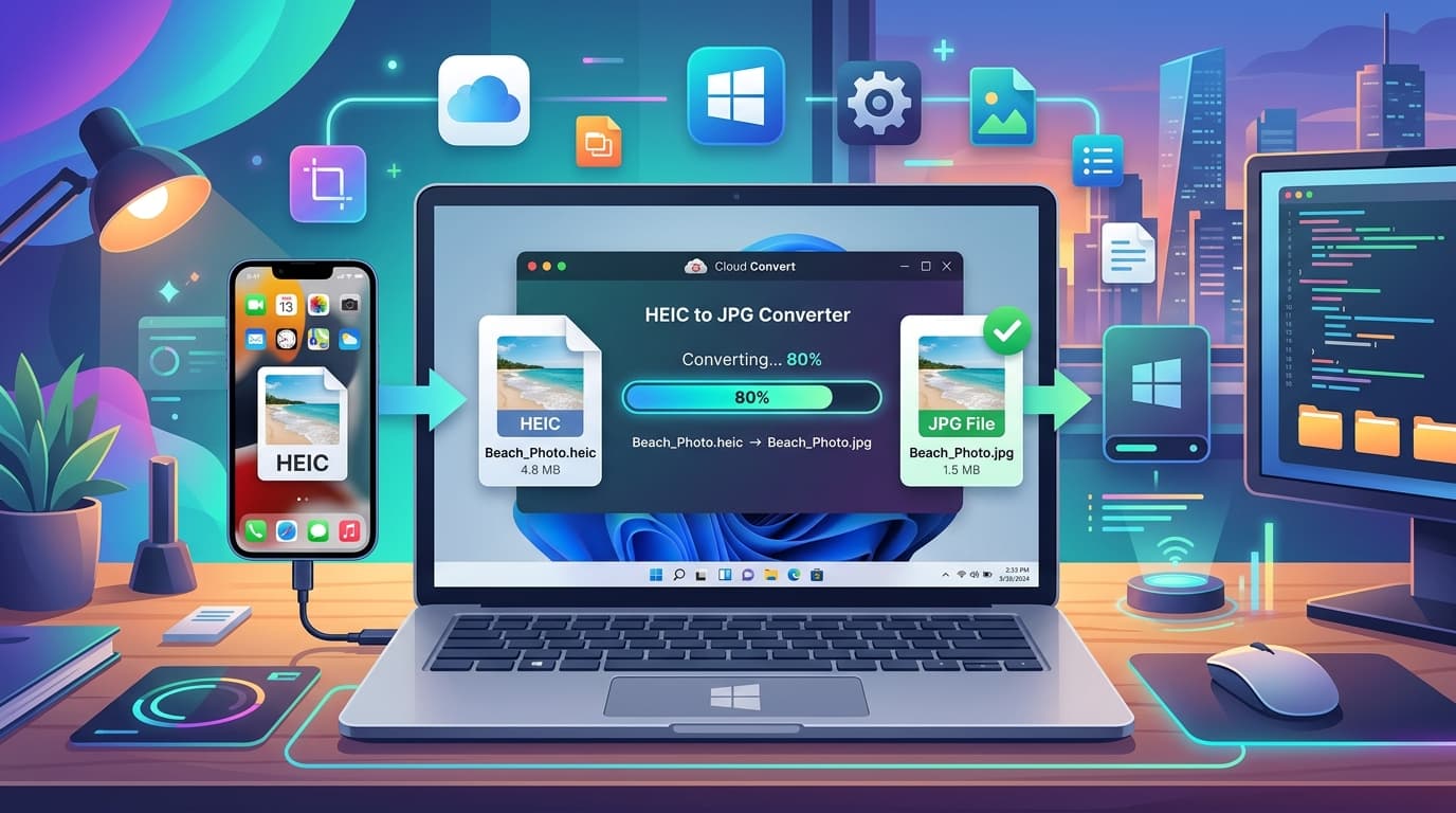 A person converting an iPhone HEIC photo to JPG on a Windows laptop