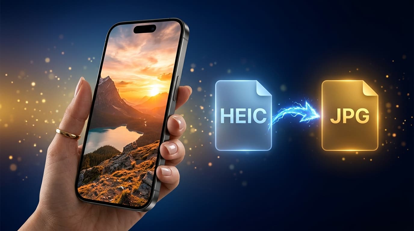 iPhone displaying a beautiful landscape photo in HEIC format being converted to JPG with a glowing digital effect — HEIC to JPG converter guide