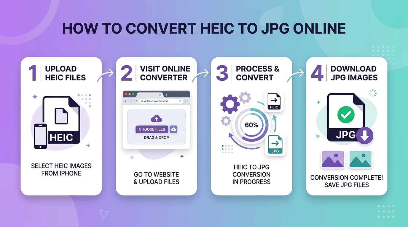 Step-by-step comparison showing HEIC file on left being converted to JPG file on right using PdfPixels online tool