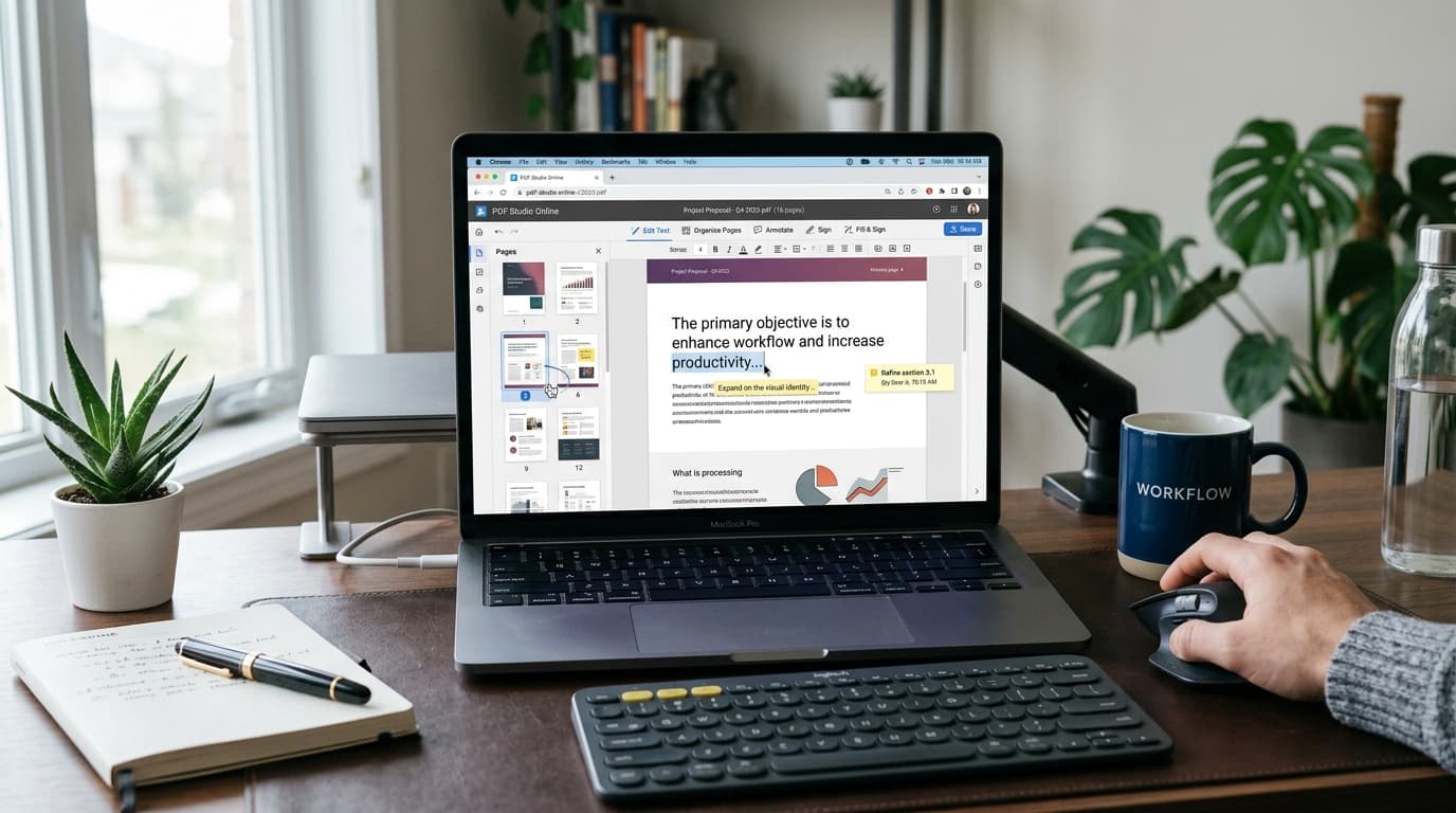 Professional laptop displaying an online free PDF editor interface on a modern workstation