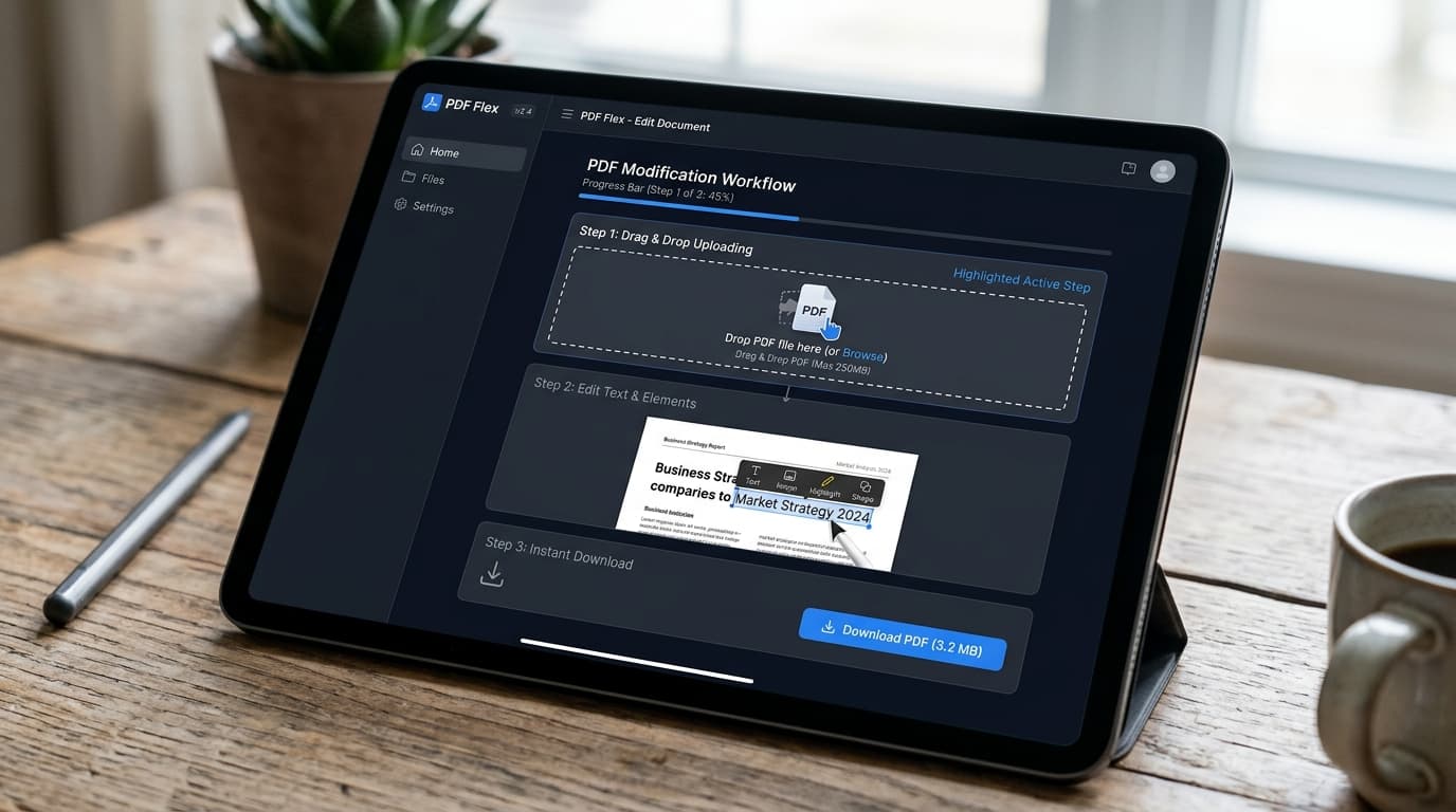 Step-by-step online PDF editing workflow showing drag and drop document uploads and instant text tools