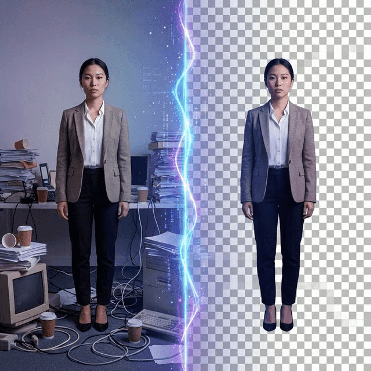 AI Background Remover showing before and after comparison - cluttered background vs clean transparent cutout using artificial intelligence