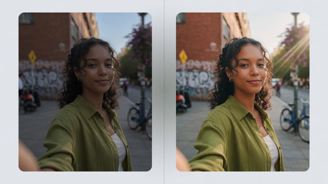 Before and after comparison of a slightly blurry outdoor photo next to the same image enhanced with a free AI image enhancer — sharper detail and natural color