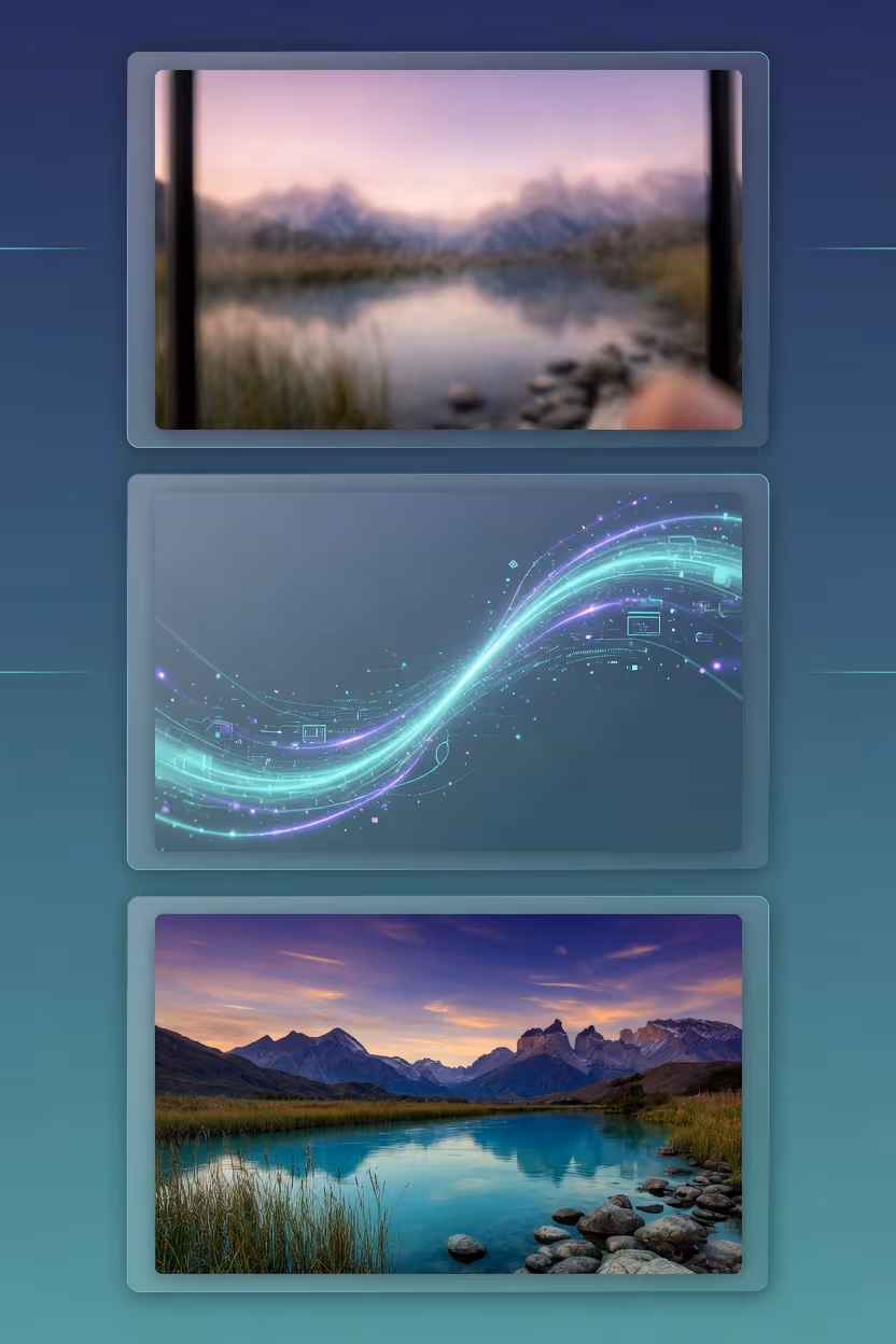 Pinterest-ready vertical guide showing a blurry photo transforming into a sharp enhanced image with AI