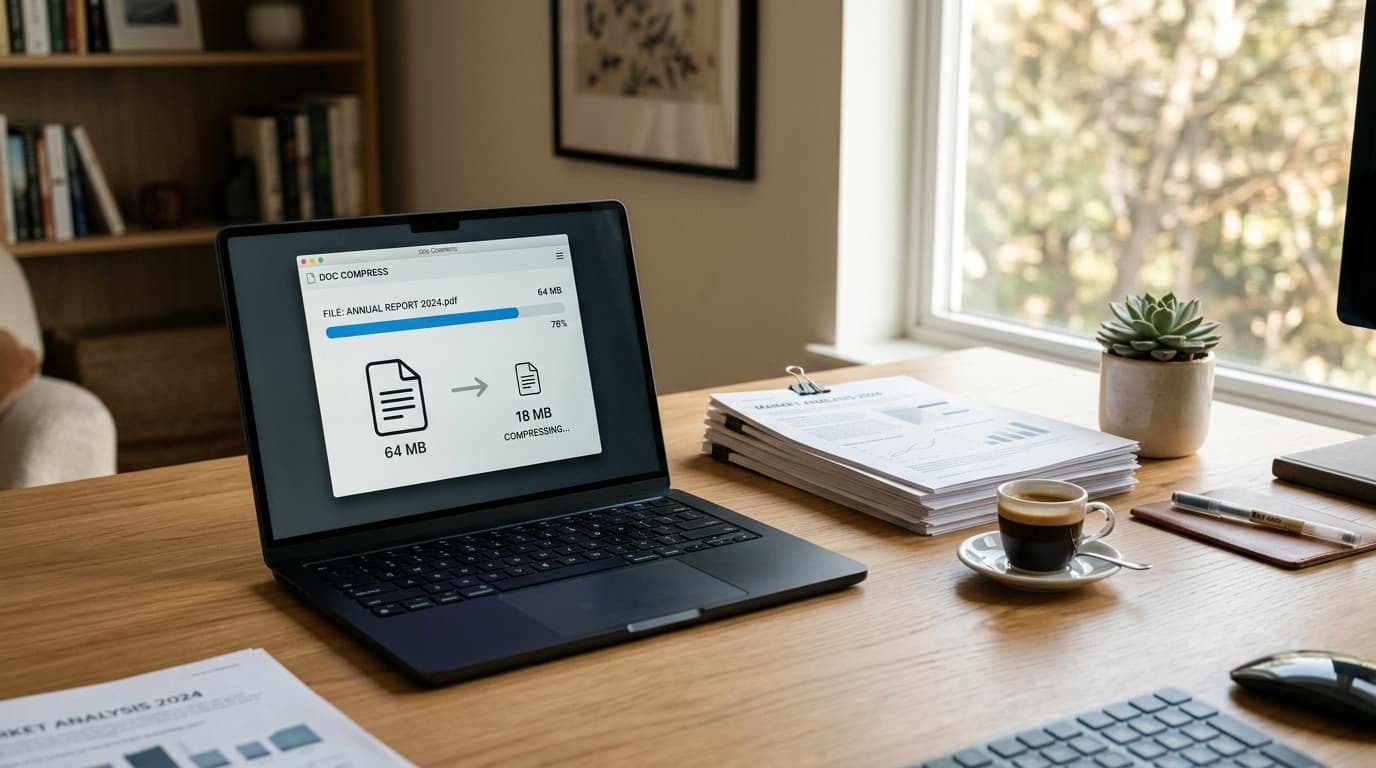 Modern workspace with laptop showing PDF document compression workflow reducing large file size on screen