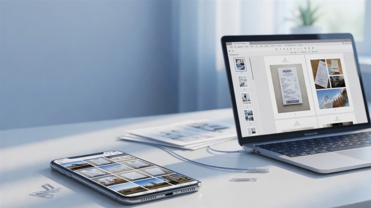Laptop and phone on a desk converting multiple JPG photos into a single multi-page PDF document online without software