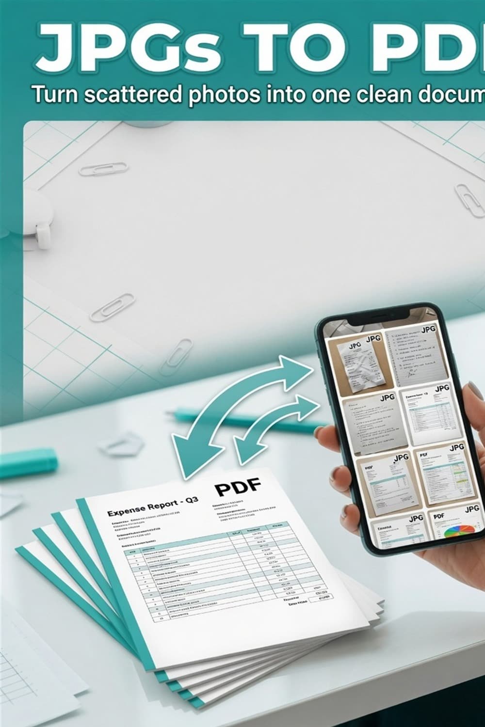 Pinterest-ready vertical guide showing JPG photos converting into a multi-page PDF online with no software install