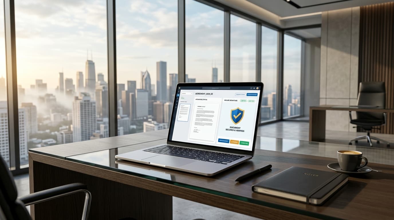 Modern executive office desk with laptop displaying verified enterprise eSignature security dashboard and digital certificate badges