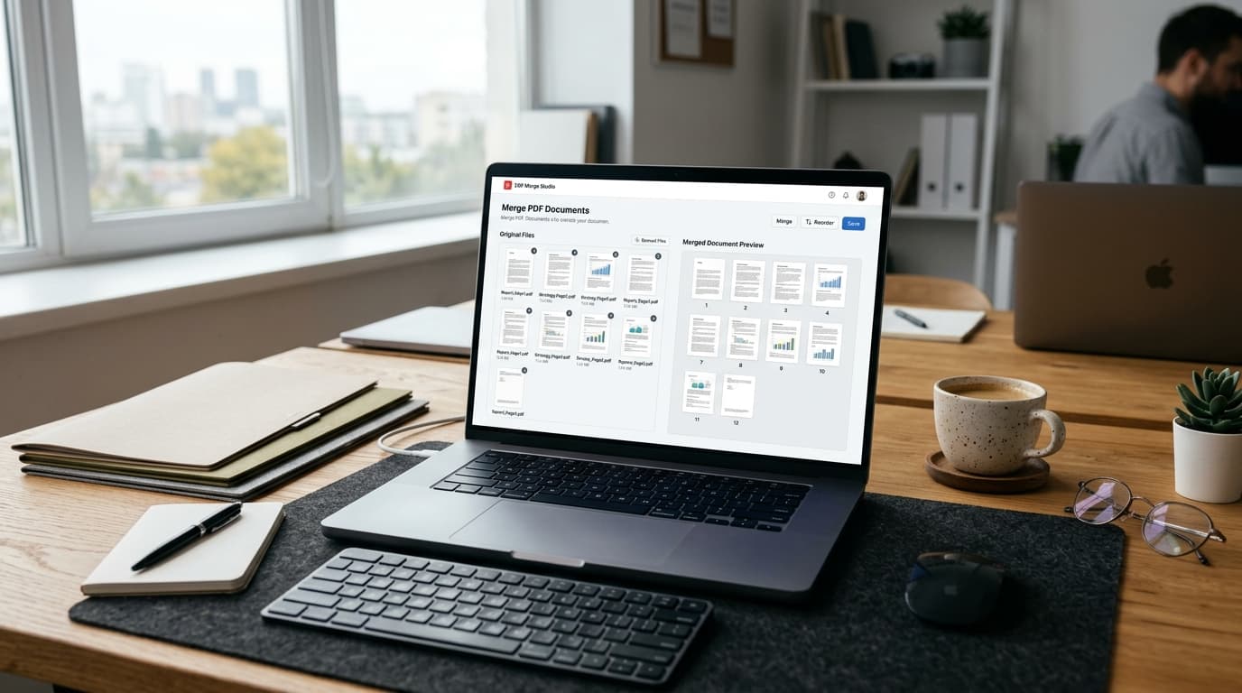 Modern office workspace with a laptop showing a free online tool merging multiple PDF files into one document