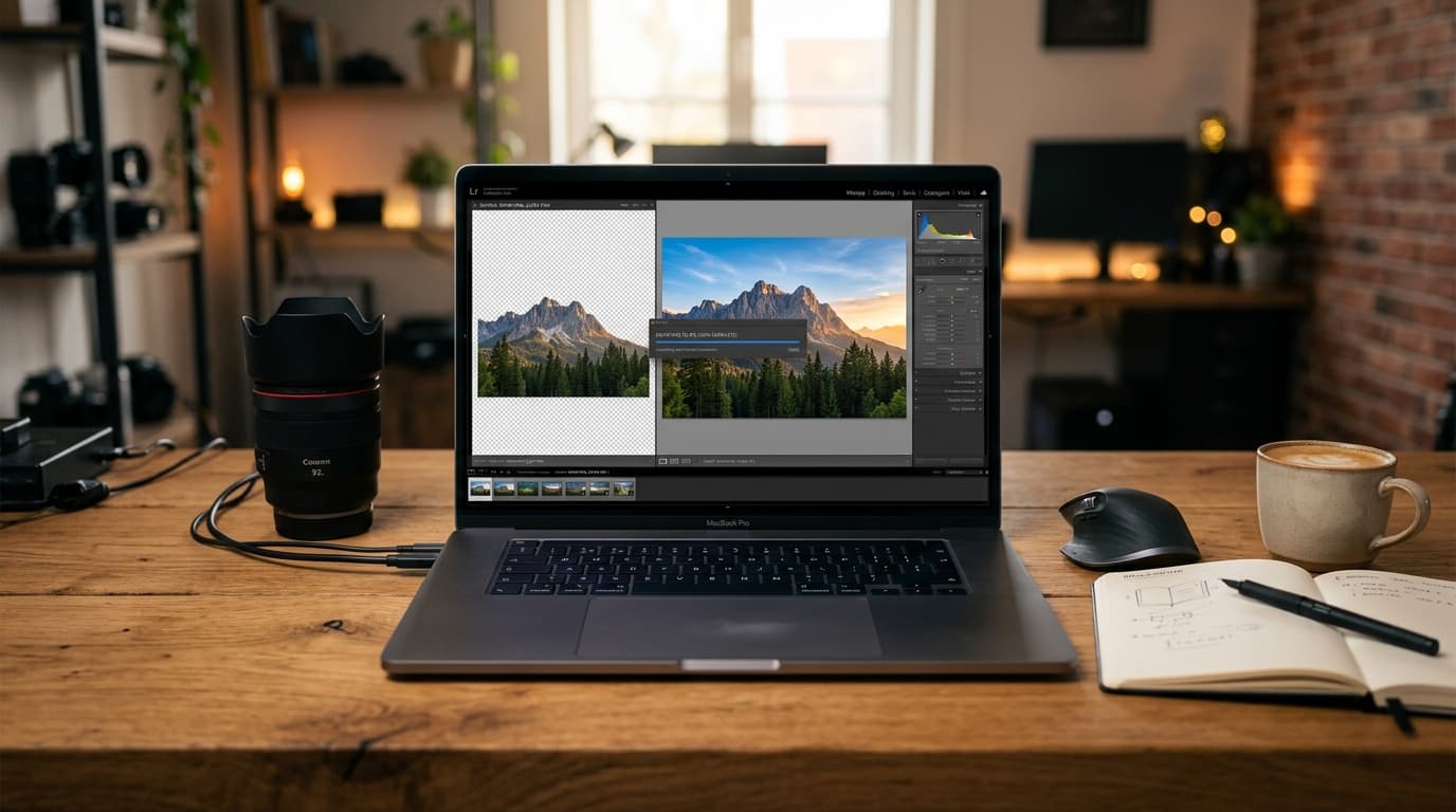 Laptop and camera on a wooden desk showing an image converting from PNG format to JPG format without losing quality