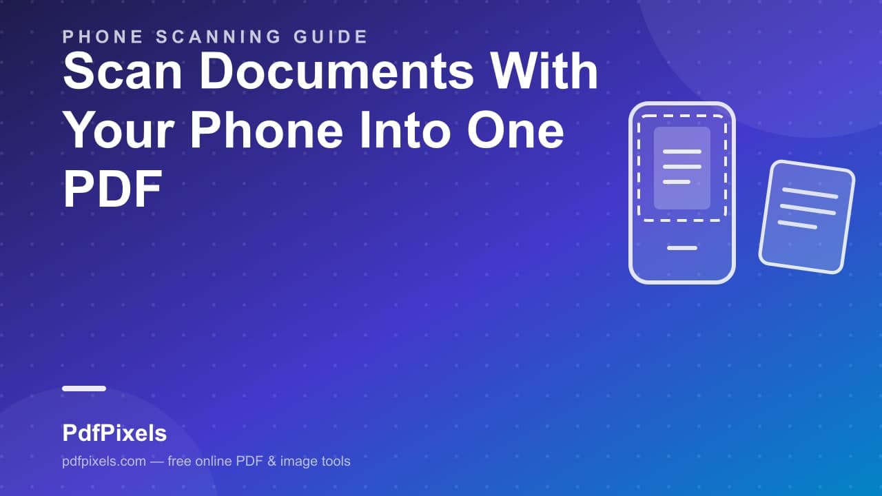 A smartphone photographing a paper document on a desk, with the pages converting into a single PDF file