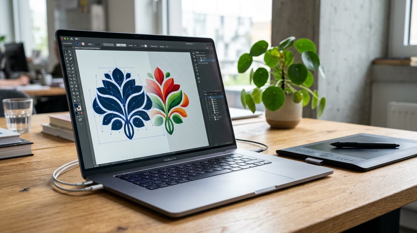 Modern designer workstation showing SVG vector paths and high resolution PNG image export