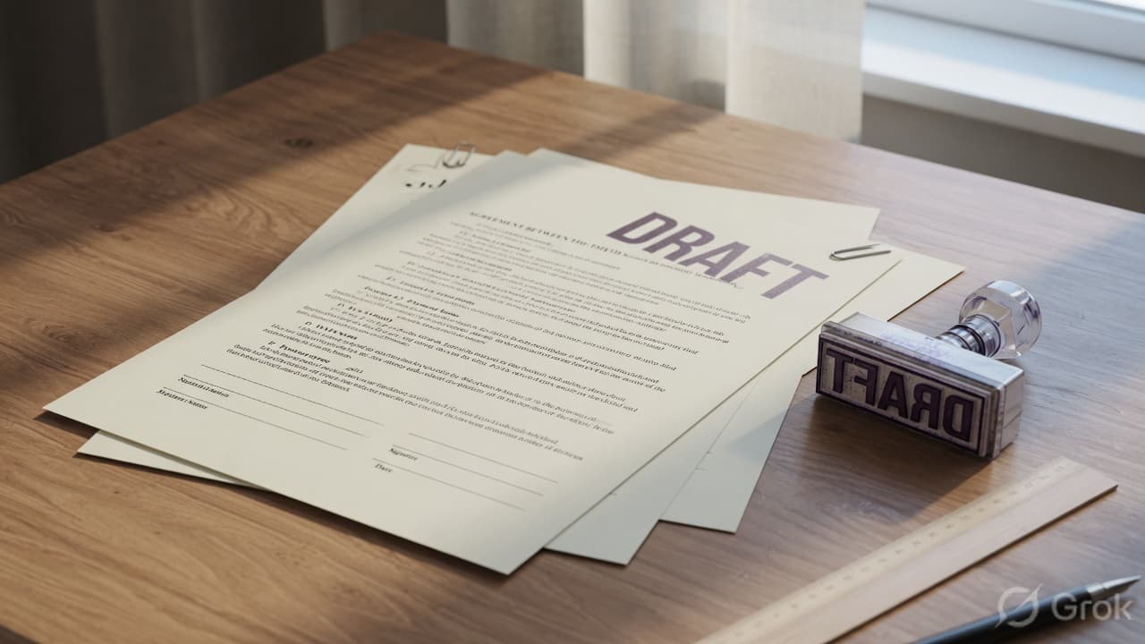 Printed contract on a desk next to a rubber stamp, suggesting a DRAFT or CONFIDENTIAL mark on a PDF