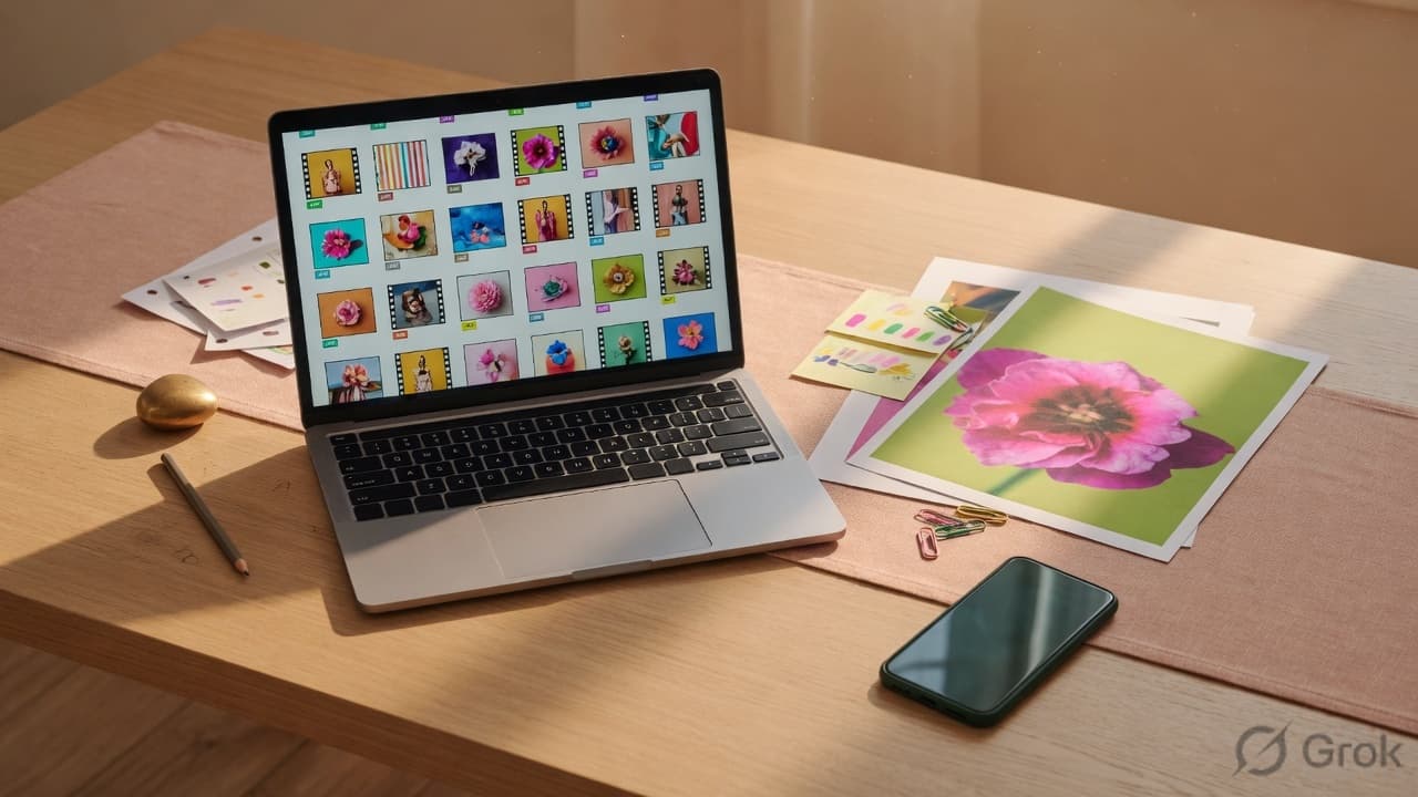 Laptop and printed photos on a desk representing different image file formats for web and print